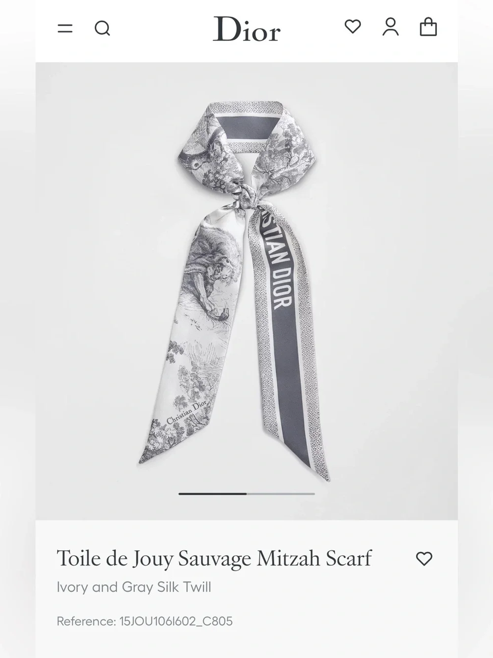 Dior Ivory and Gray Toile de Jouy Sauvage Mitzah Scarf - new